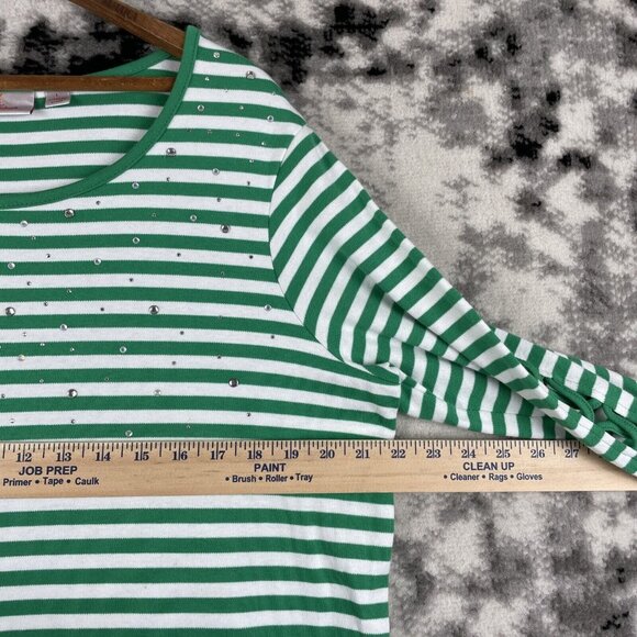 Quacker Factory Top Womens Size Large Green Striped Rhinestone Cross Lace Sleeve - Picture 4 of 14